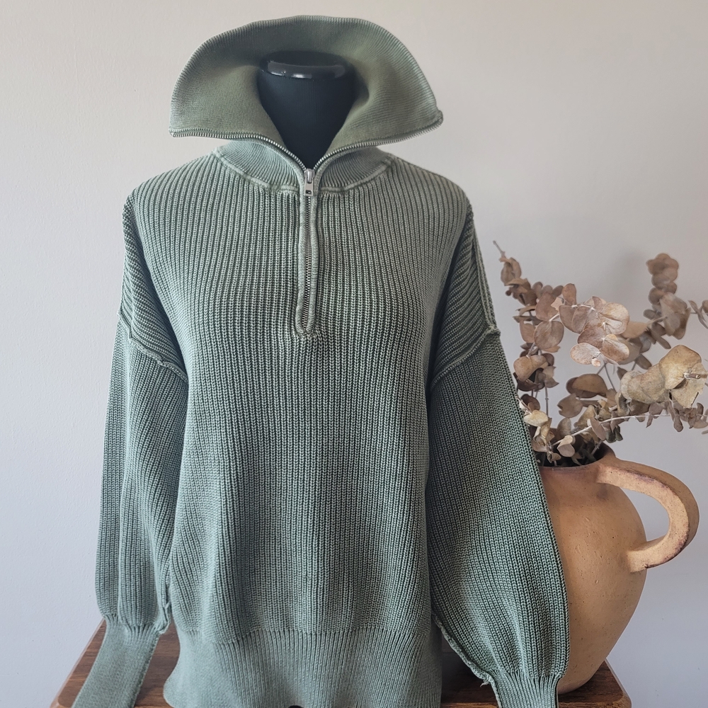 Aerie Beyond Quarter Zip Sweater in "Olive Fun" Very Oversized Sz Xxs (Fits S/m)